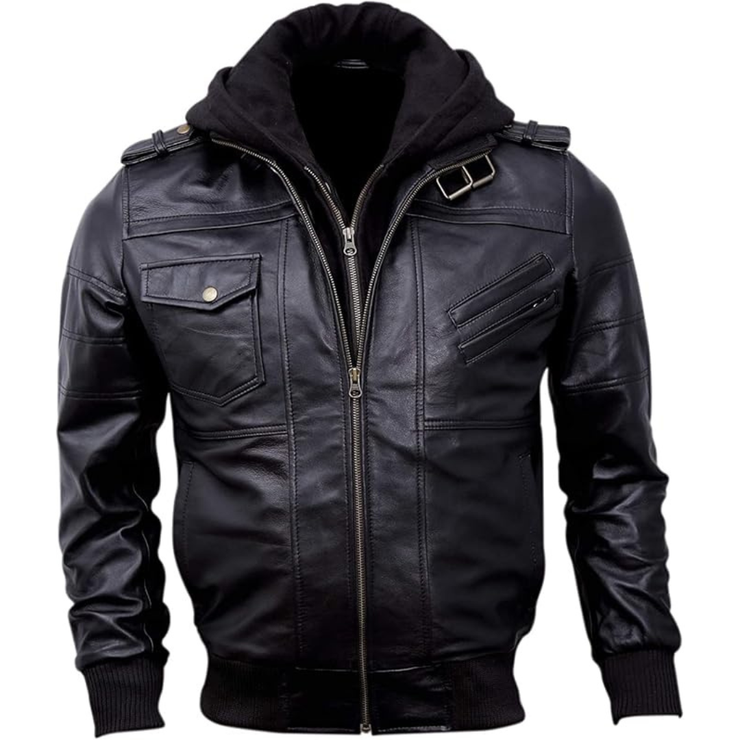 Men's Black Hooded Bomber Leather Jacket