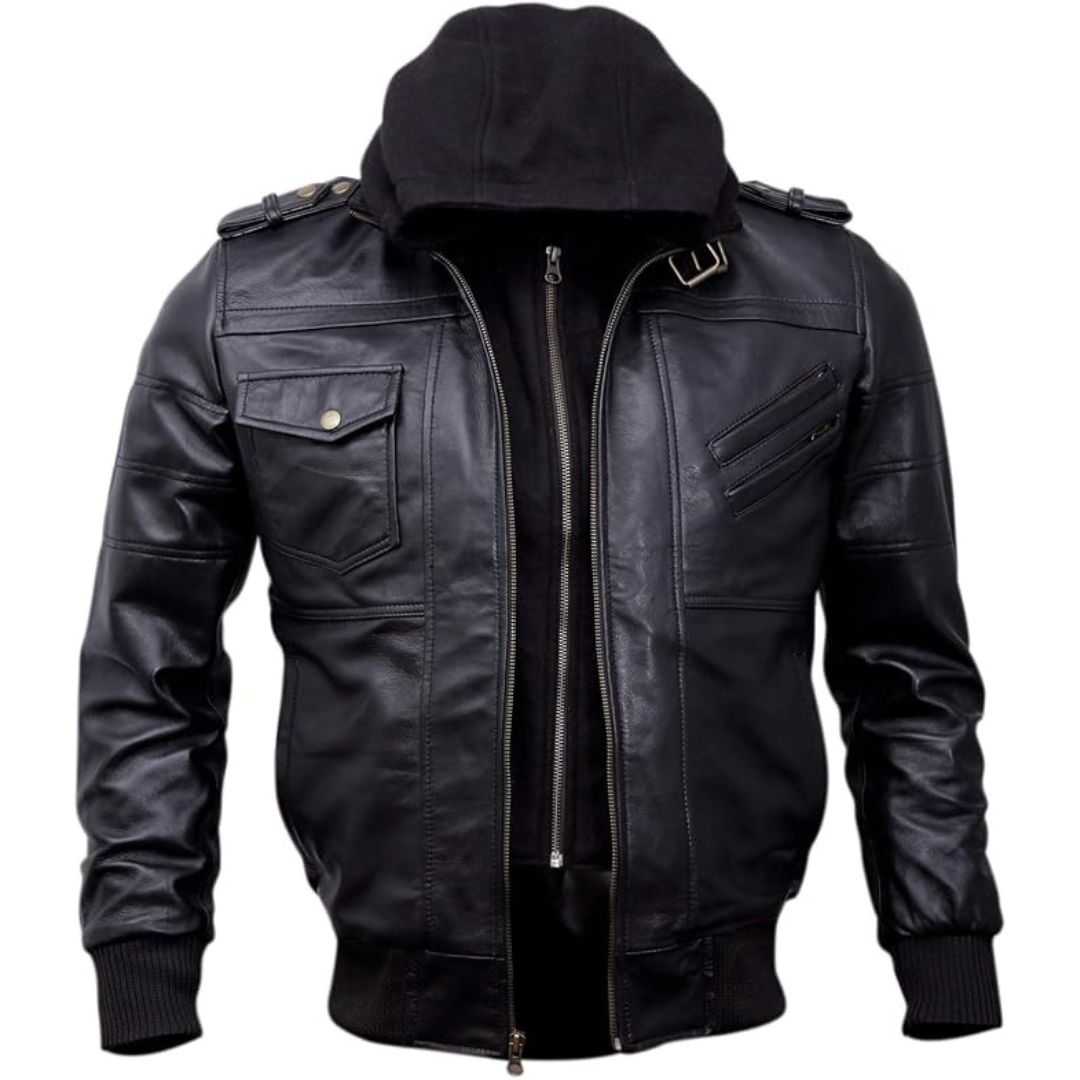 Men's Black Hooded Bomber Leather Jacket