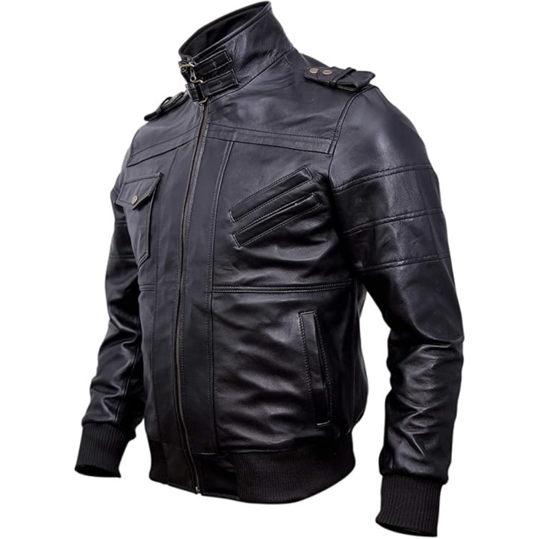 Men's Black Hooded Bomber Leather Jacket