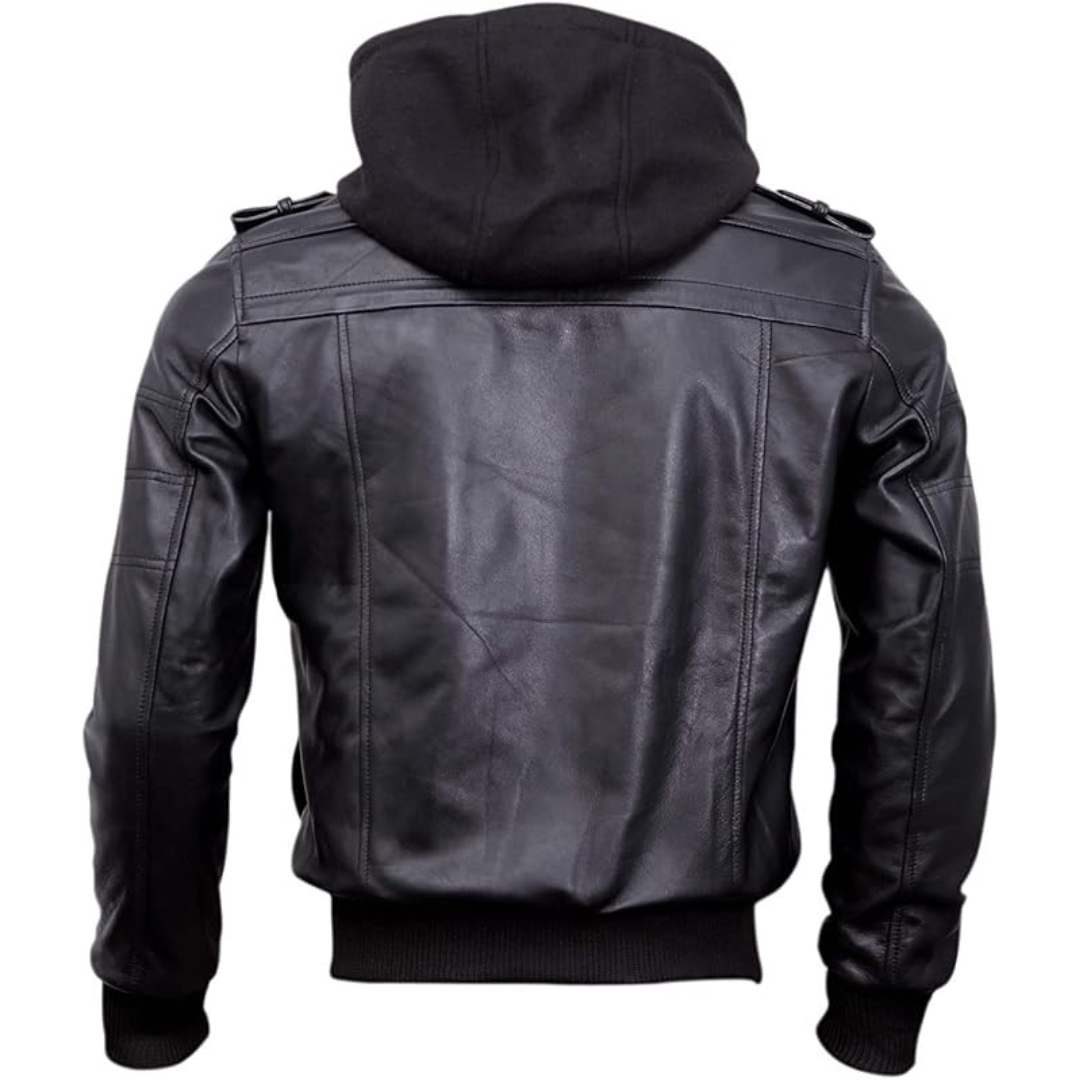 Men's Black Hooded Bomber Leather Jacket