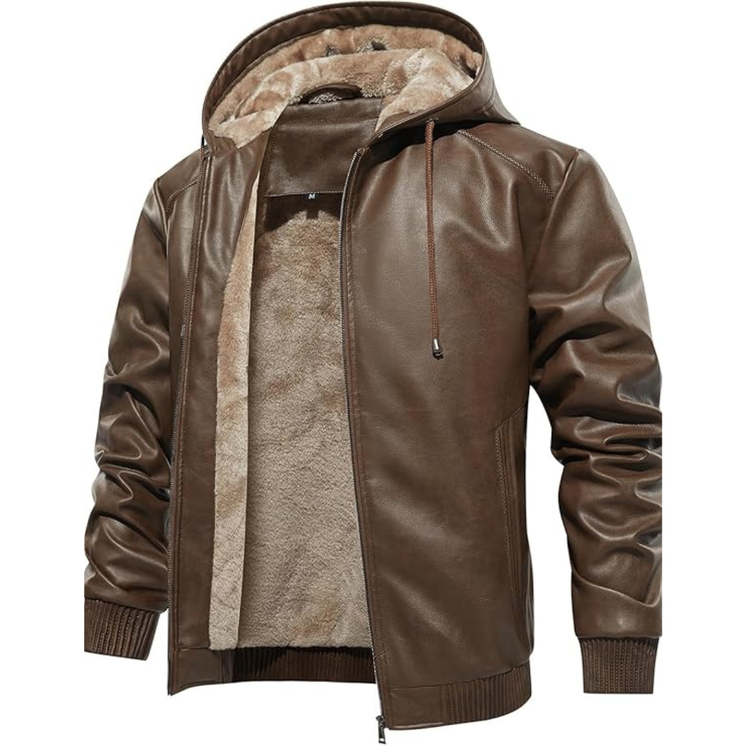 Men's Brown Hooded Fleece Padded Bomber Leather Jacket