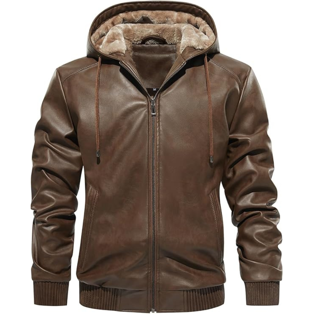 Men's Brown Hooded Fleece Padded Bomber Leather Jacket