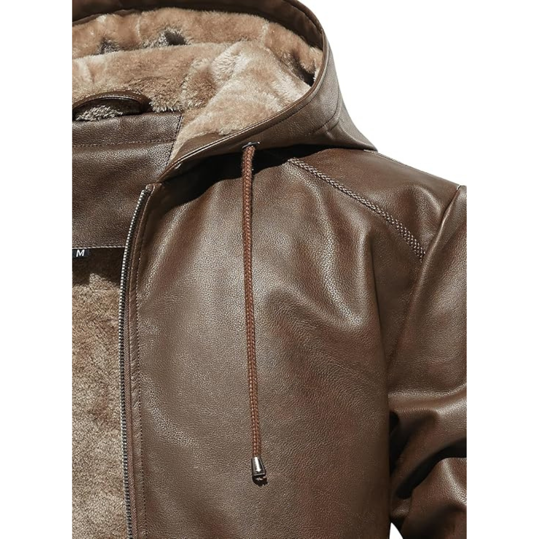 Men's Brown Hooded Fleece Padded Bomber Leather Jacket